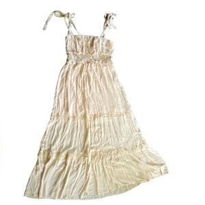{Miss Avenue) Flowy Maxi Tiered Smocked Sundress with bow shoulder straps